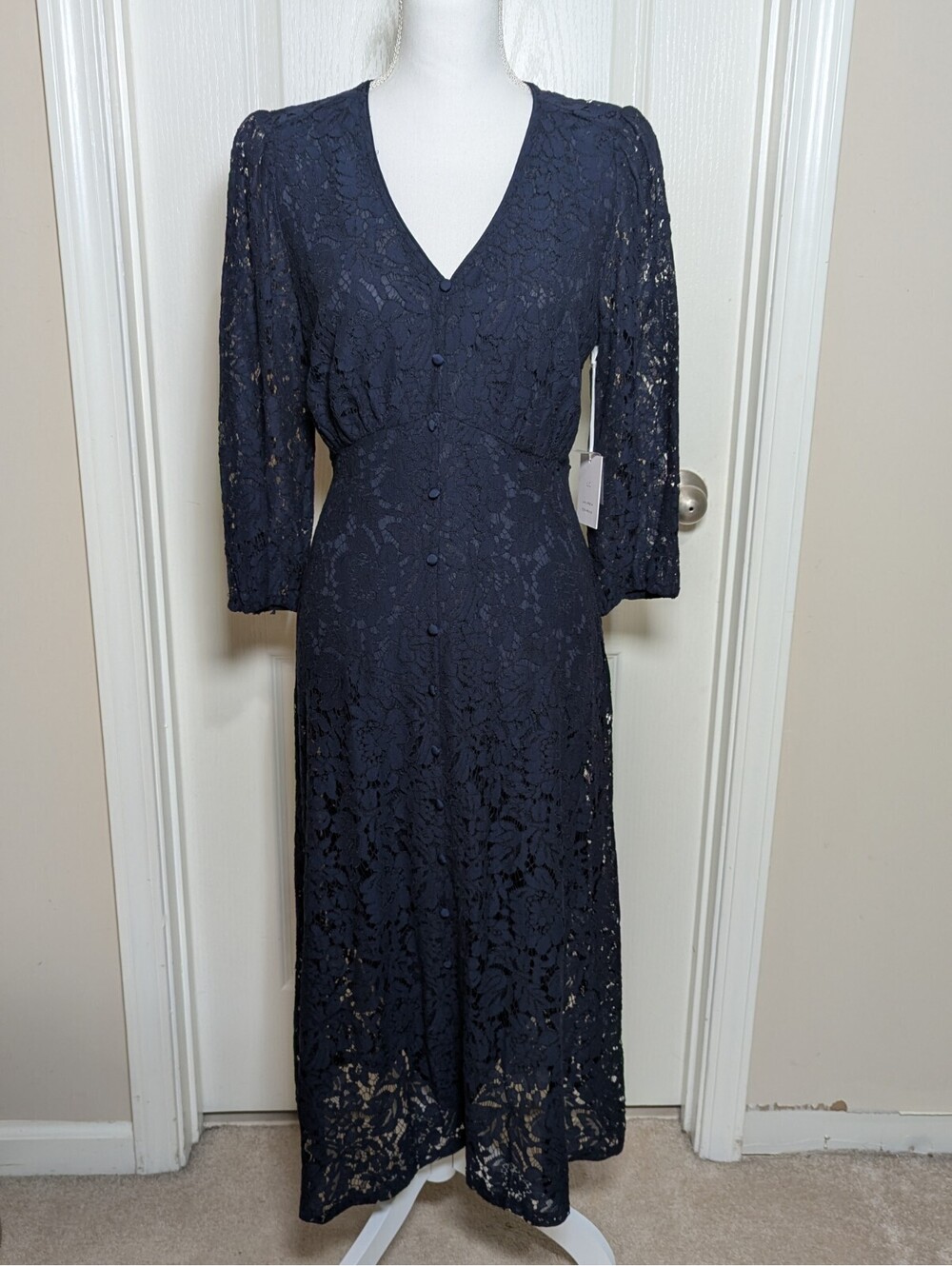 Lauren Conrad Midi Dress Navy Blue Lace Overlay Lined Long Sleeve Women's Medium